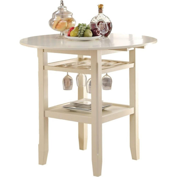 Round Wooden Counter Height Table With Wine Glass Shelf, Cream