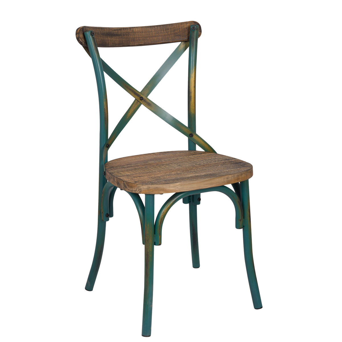 35" Wood and Metal Side Chair, Brown and Turquoise - BM186925