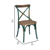 Industrial Style Wooden and Metal Frame Side Chair, Brown and Turquoise