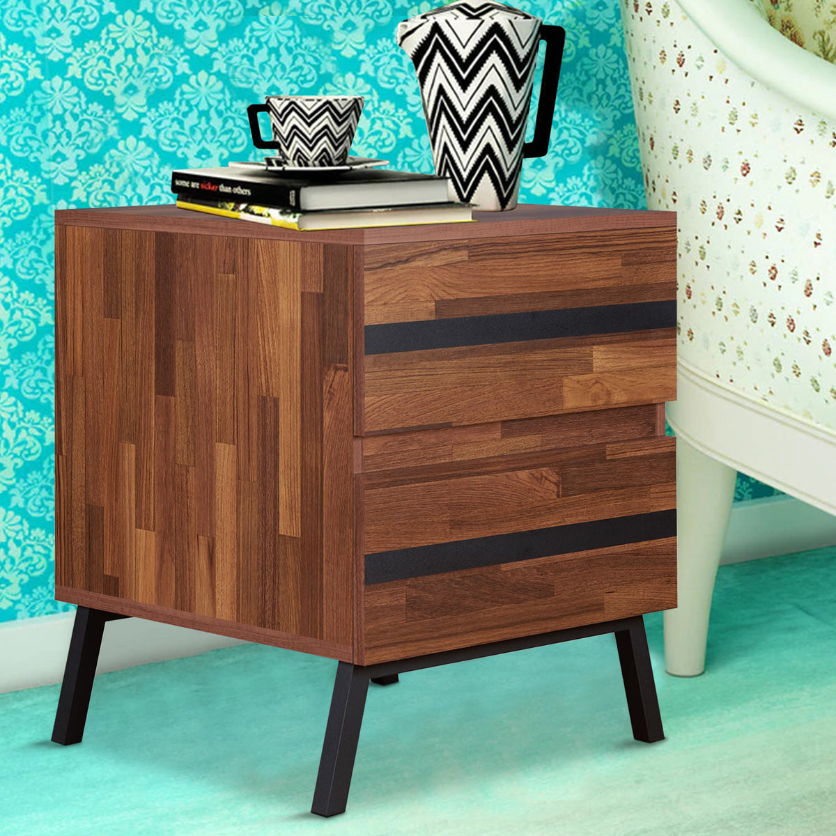 Two Drawers Wooden End Table with Angled Leg Support, Brown and Black