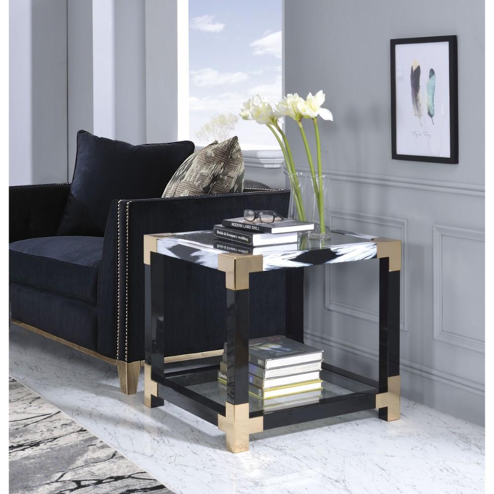 34 Inch Glass Top Rectangular Metal End Table, Black - BM186968