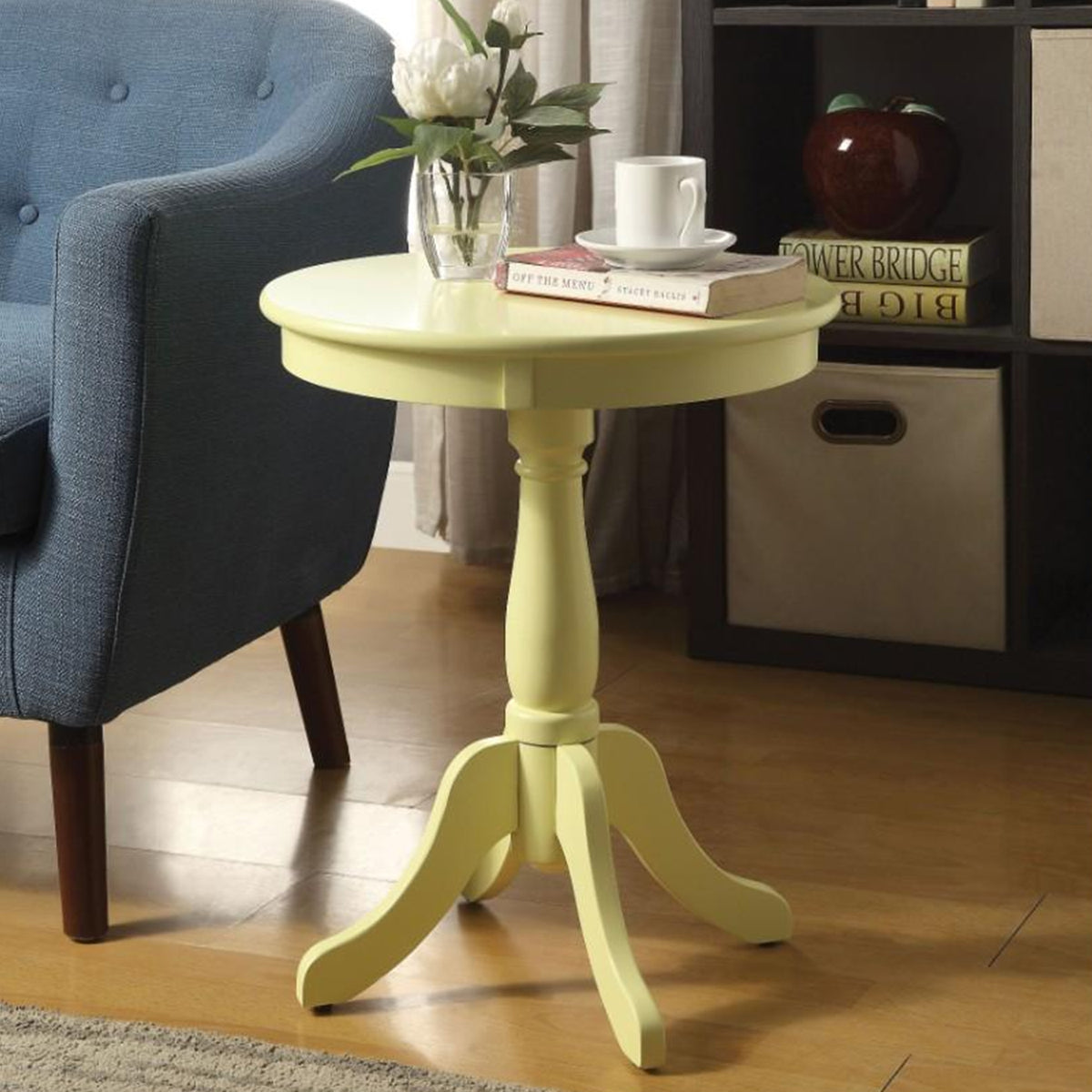 22" Wooden Round Side Table with Pedestal Base, Yellow - BM186986