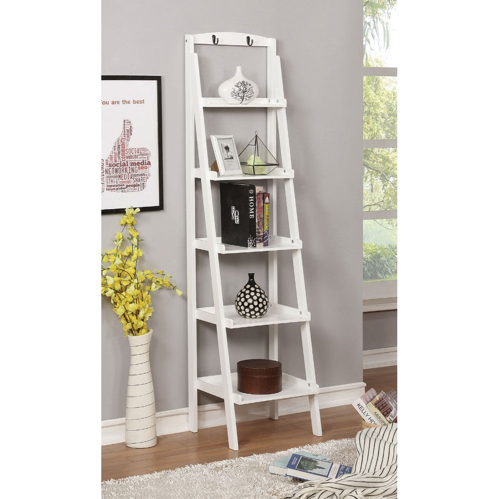 Contemporary Five Tier Wooden Ladder Shelf with Two Attached Hook On Top, White