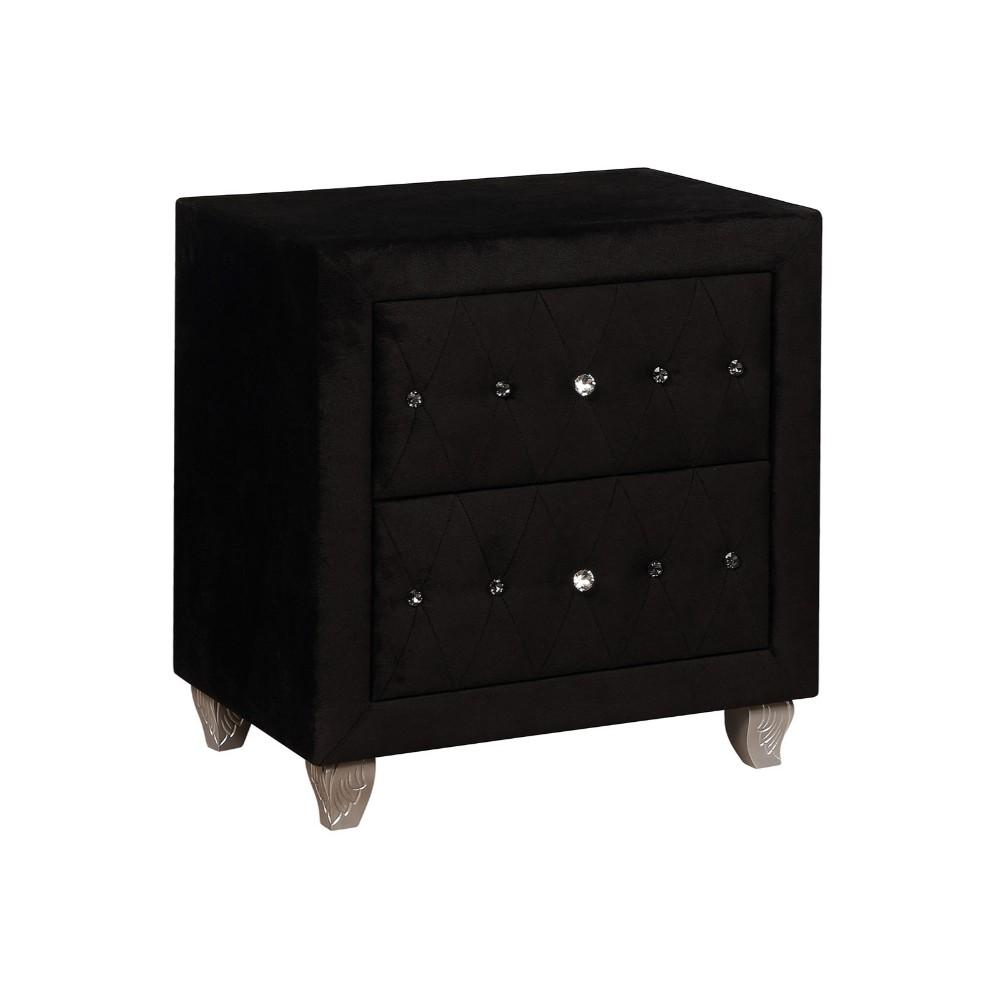 Fabric Upholstered Solid Wood Nightstand with Two Drawers and Crystal Accents, Black