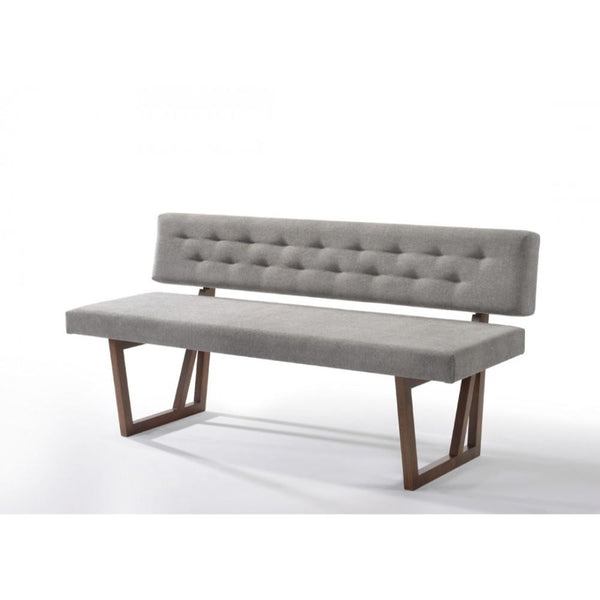 Fabric Upholstered Dining Bench with Rubber Wood Feet, Gray and Walnut Brown