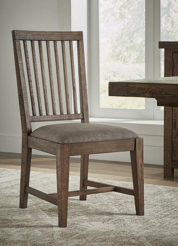 Wooden Chair with Fabric Upholstered Seat and Slat Style Back, Set of 2, Oak Brown and Gray - BM187606