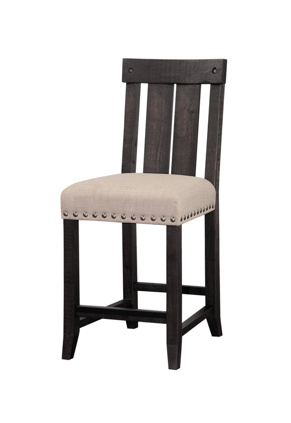 Wooden Counter Height Stool with Fabric Upholstered Seat and Slat Style Back,Set of 2, Black & Beige - BM187615
