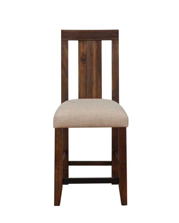 Fabric Upholstered Wooden Counter Height Stool with Exposed Joints, Set of 2,  Brown and Beige - BM187624