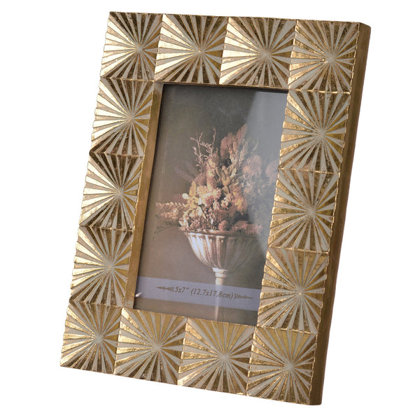 Rectangular Shaped Polyresin Photo Frame with Mirror and Pyramid Like Design , Gold