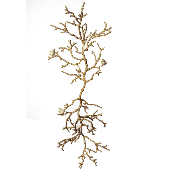 Branch Shape Aluminum Wall Decor with Four Bird Accents, Gold