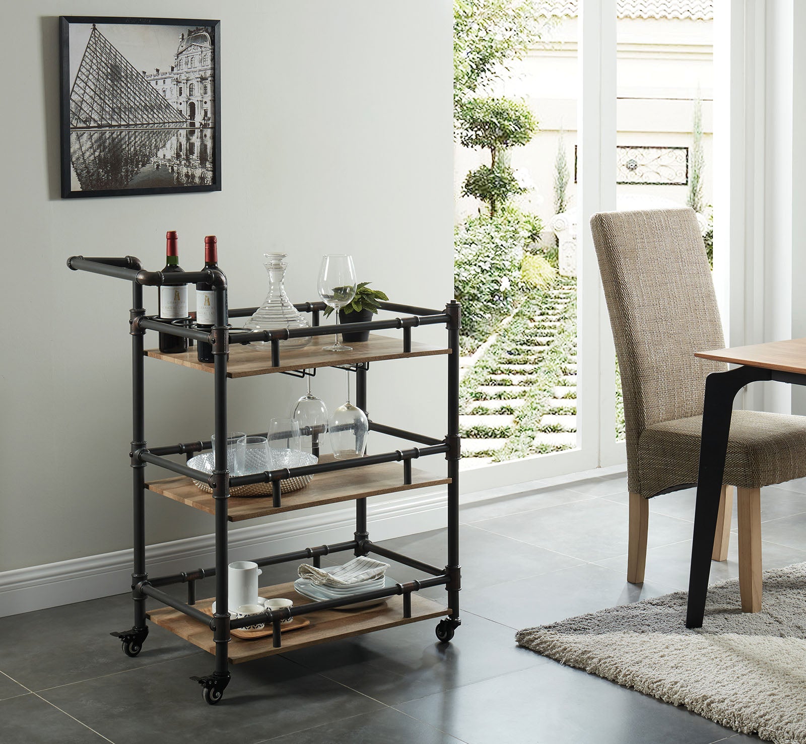 benzara BM188330 - Rustic Three Tier Wood and Metal Serving Cart Black and Brown