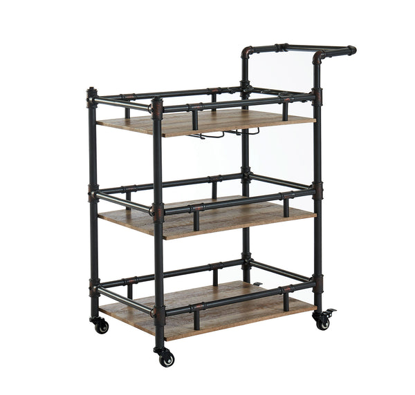 BM188330  - Rustic Three Tier Wood and Metal Serving Cart, Black and Brown