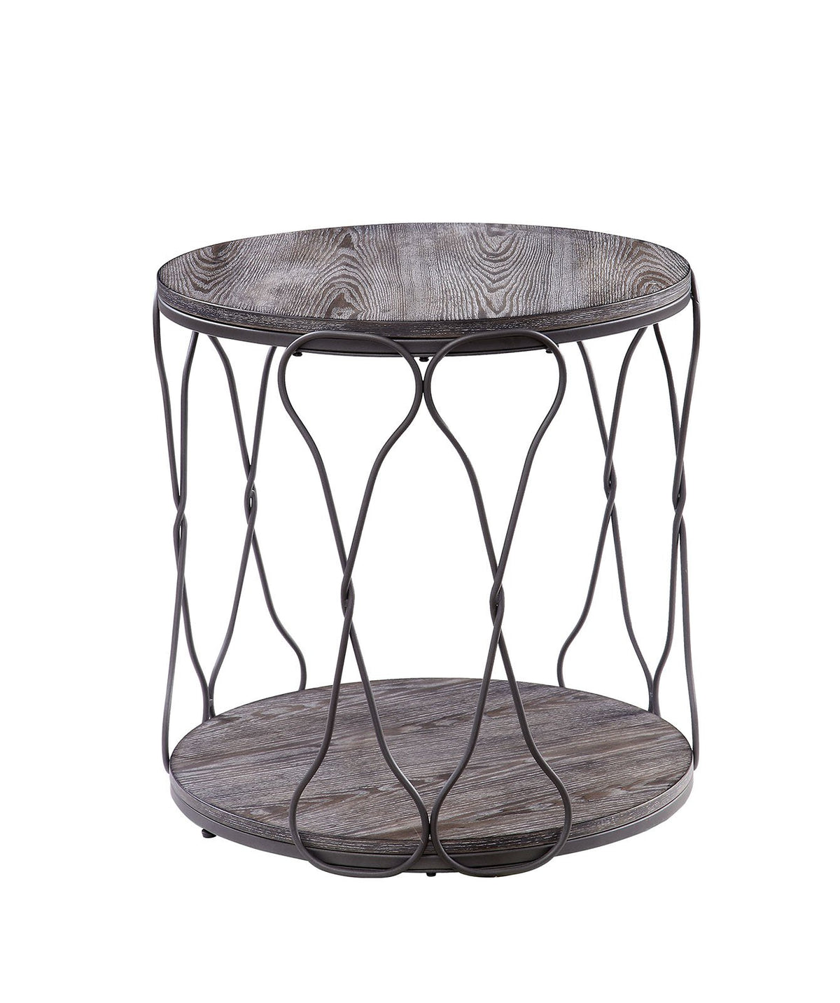 Round Industrial Style Metal and Solid Wood End Table with Open Bottom Shelf, Gray and Brown - BM188343