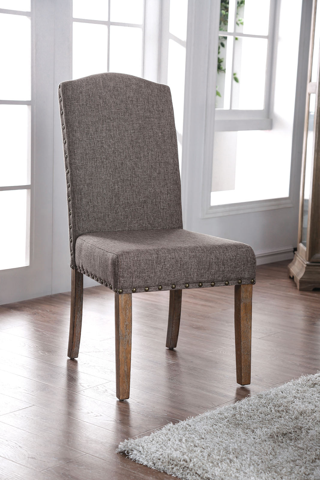 BM188361  - Fabric Upholstered Solid Wood Side Chair with Nail head Trims , Brown and Gray, Pack of Two