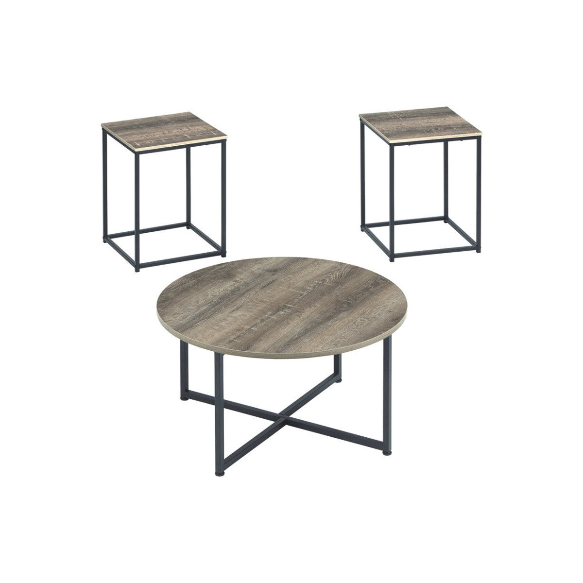 Wooden Table Set with Sturdy Metal Base, Set of Three, Gray and Brown - BM190103
