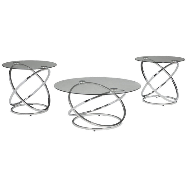 Contemporary Glass Top Table Set with Metal Rings Base, Clear and Silver - BM190116