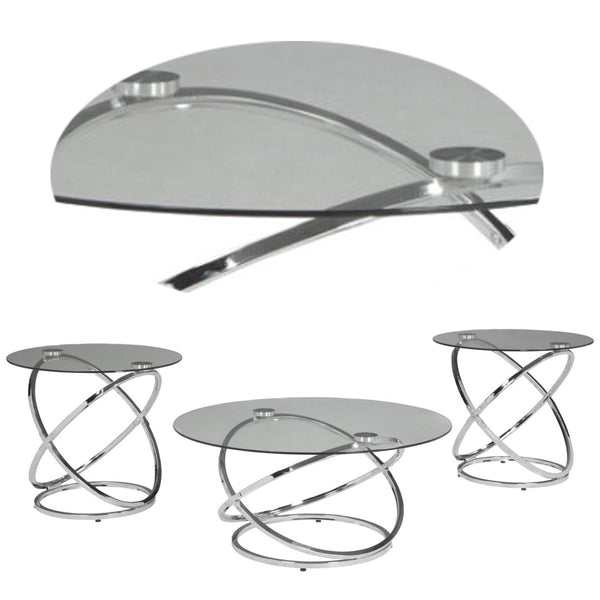 Contemporary Glass Top Table Set with Metal Rings Base, Clear and Silver - BM190116