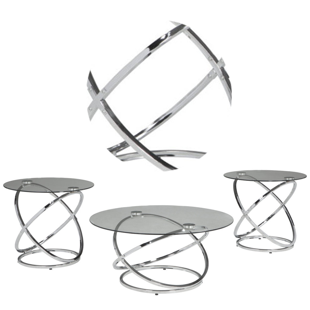 Contemporary Glass Top Table Set with Metal Rings Base, Clear and Silver - BM190116