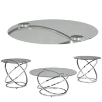 Contemporary Glass Top Table Set with Metal Rings Base, Clear and Silver - BM190116