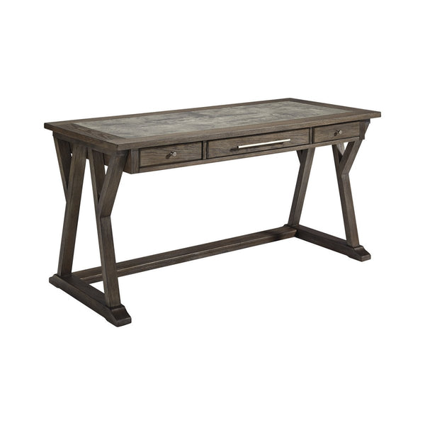 BM190136 - Three Drawer Wooden Desk with Cross Brace Stretcher and Faux Bluestone Top, Gray