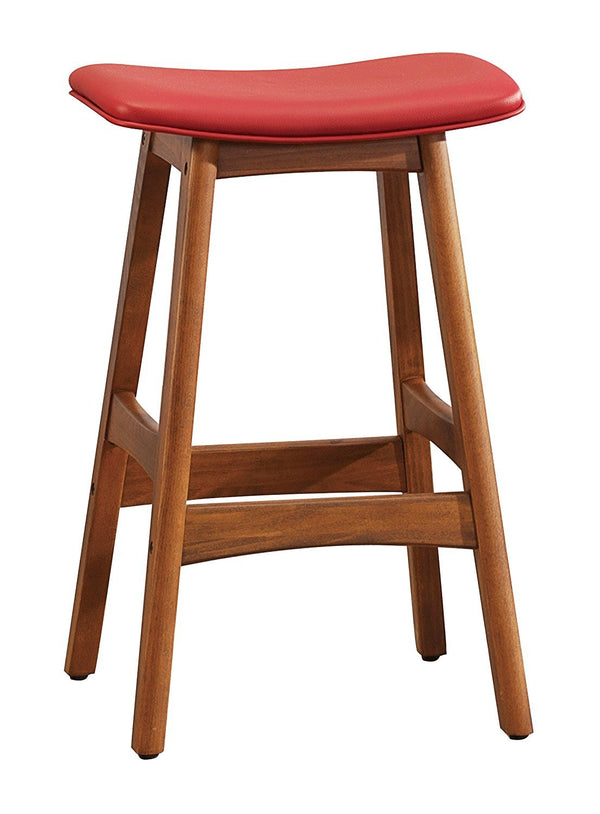 Leatherette Wooden Counter Stool with Saddle Seat, Set of 2, Red and Brown - BM190164