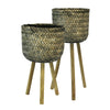 Basket Shape Bamboo Planters on Flared Wooden Stand, Rustic Brown, Set Of Two - BM190271