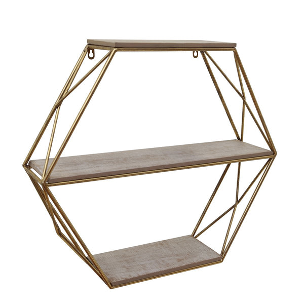 BM190496 - Metal and Wood Three Tier Hexagon Wall Shelf, White and Gold