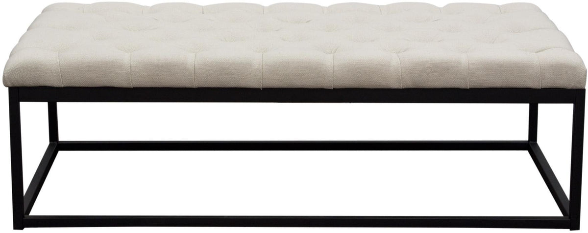 BM190838 - Linen Upholstered Button Tufted Bench with Open Metal Base, Large, Beige and Black