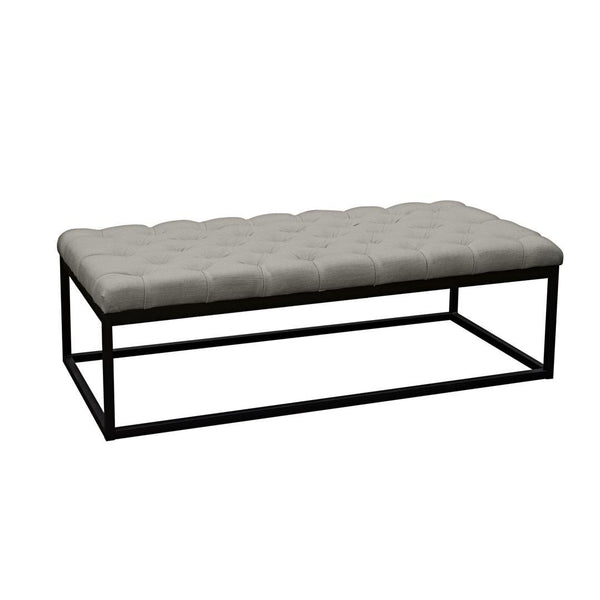 BM190839 - Linen Upholstered Button Tufted Bench with Open Metal Base, Large, Gray and Black