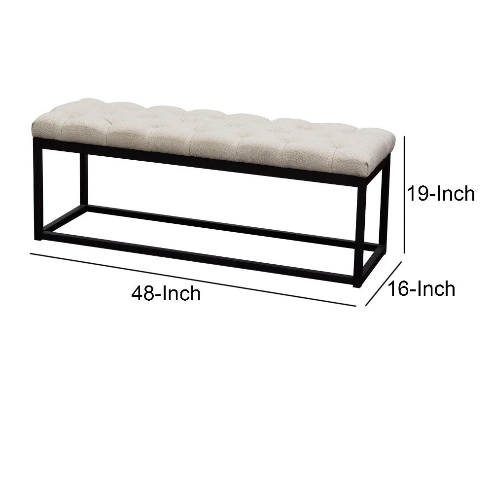 BM190997 - Linen Upholstered Metal Contemporary Bench with Diamond Tuft Details, Beige and Black