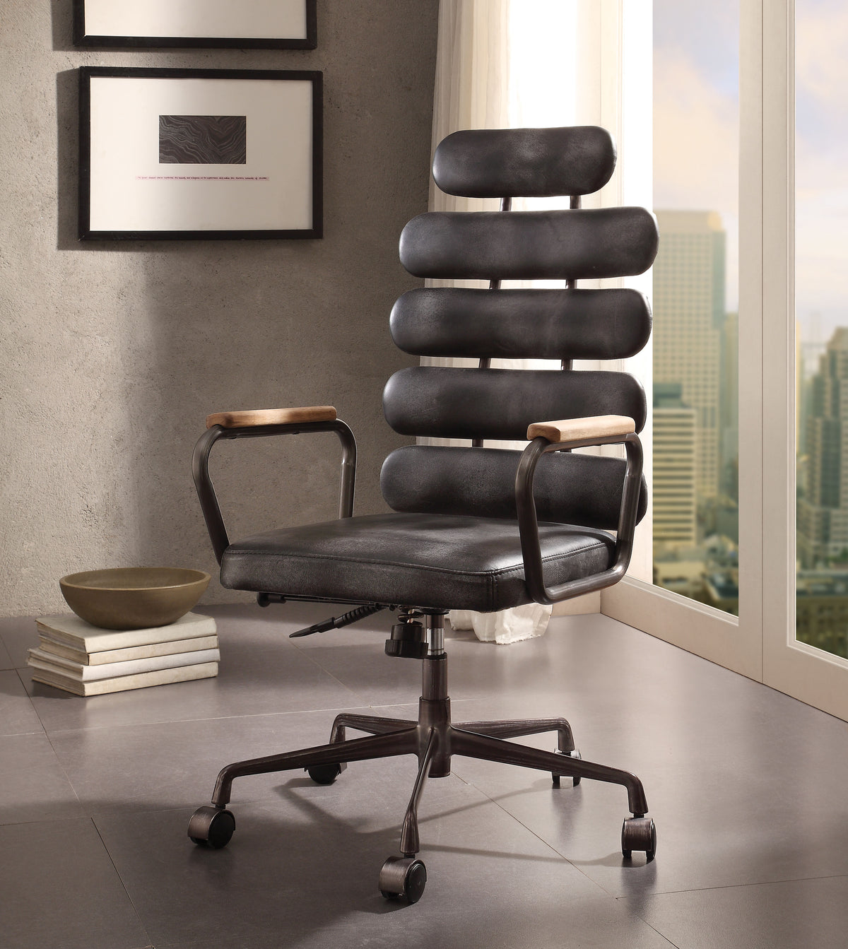 Leatherette Metal Swivel Executive Chair with Five Horizontal Panels Backrest, Gray - BM191419