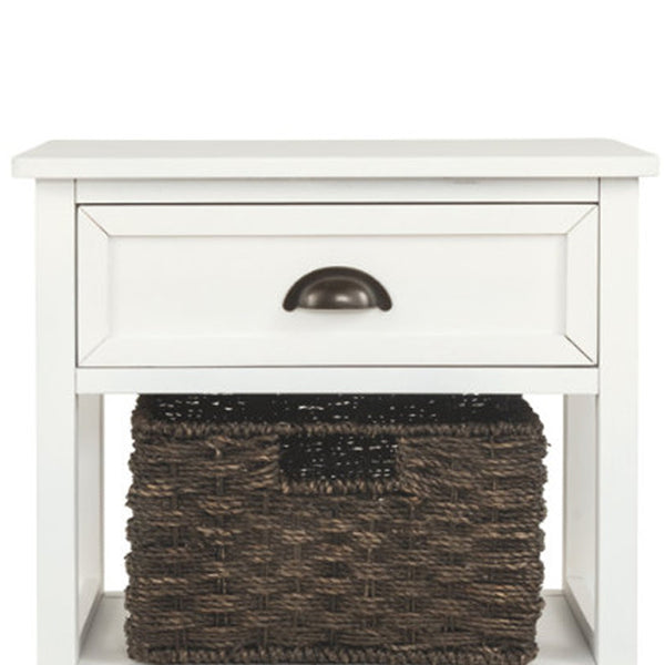 BM193779 - Cottage Style Wooden Accent Table with Two Woven Storage Baskets, White and Brown
