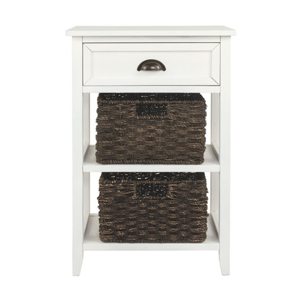 BM193779 - Cottage Style Wooden Accent Table with Two Woven Storage Baskets, White and Brown