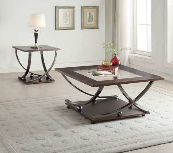 Glass Inserted Wooden Coffee Table with Open Shelf and Castors, Brown - BM193816