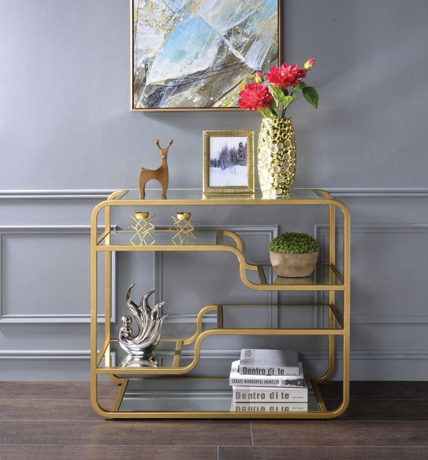 31 Inch Metal Frame Mirrored Sofa Table, Gold and Silver - BM193832