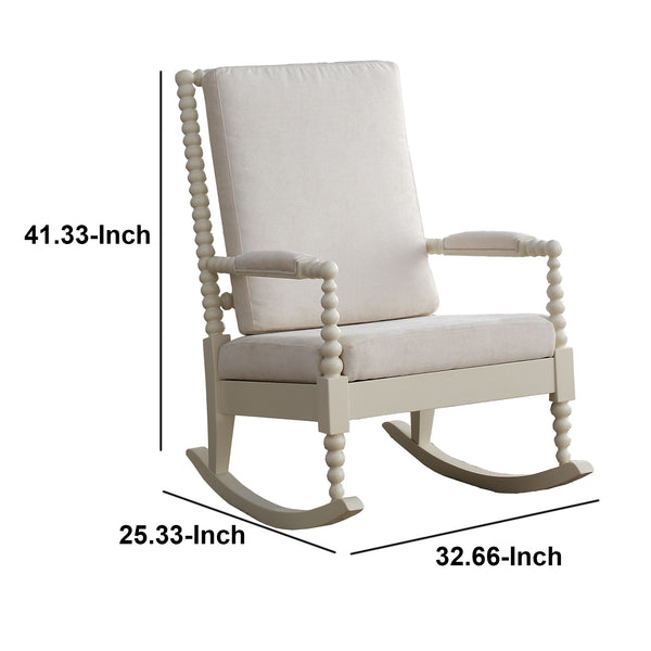 Wooden Rocking Chair with Fabric Upholstered Cushions, White - BM193885