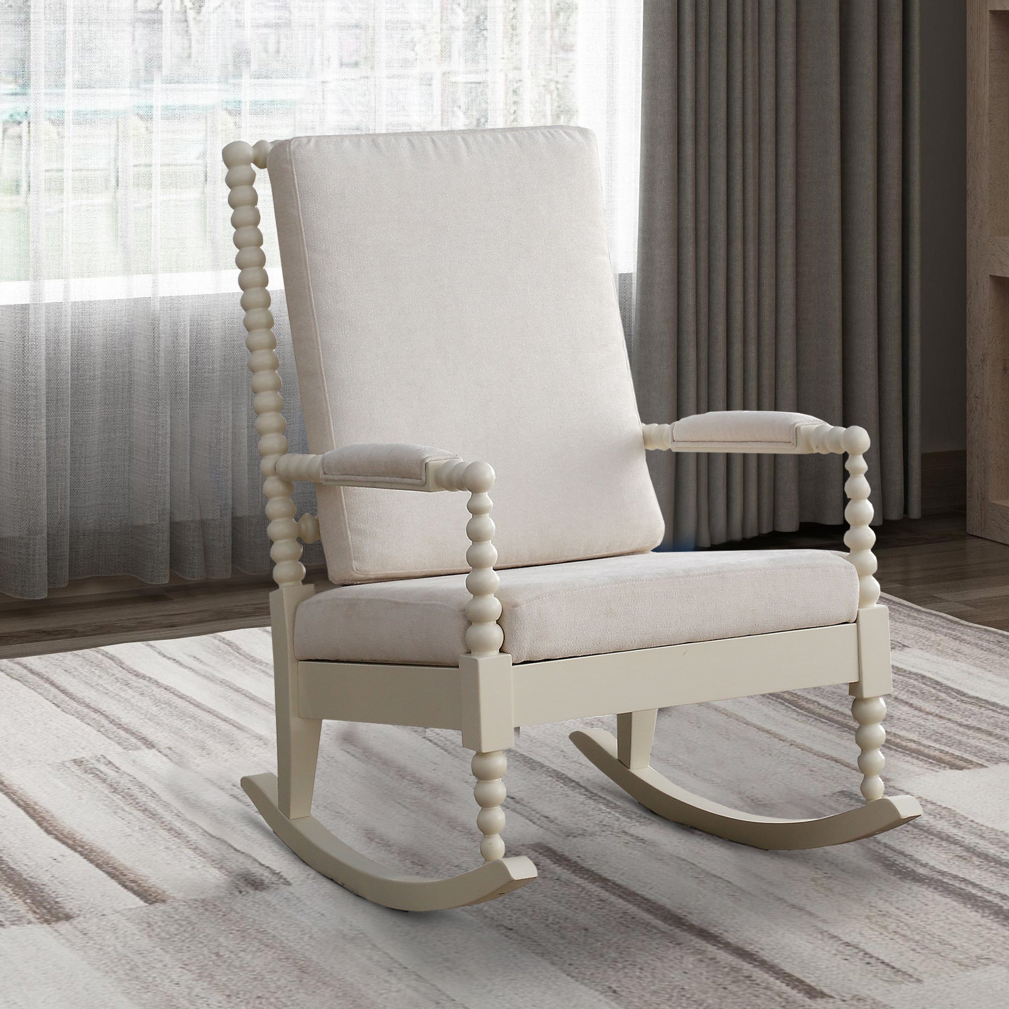 Benzara Wooden Rocking Chair with Fabric Upholstered Cushions White BM193885 Benzara