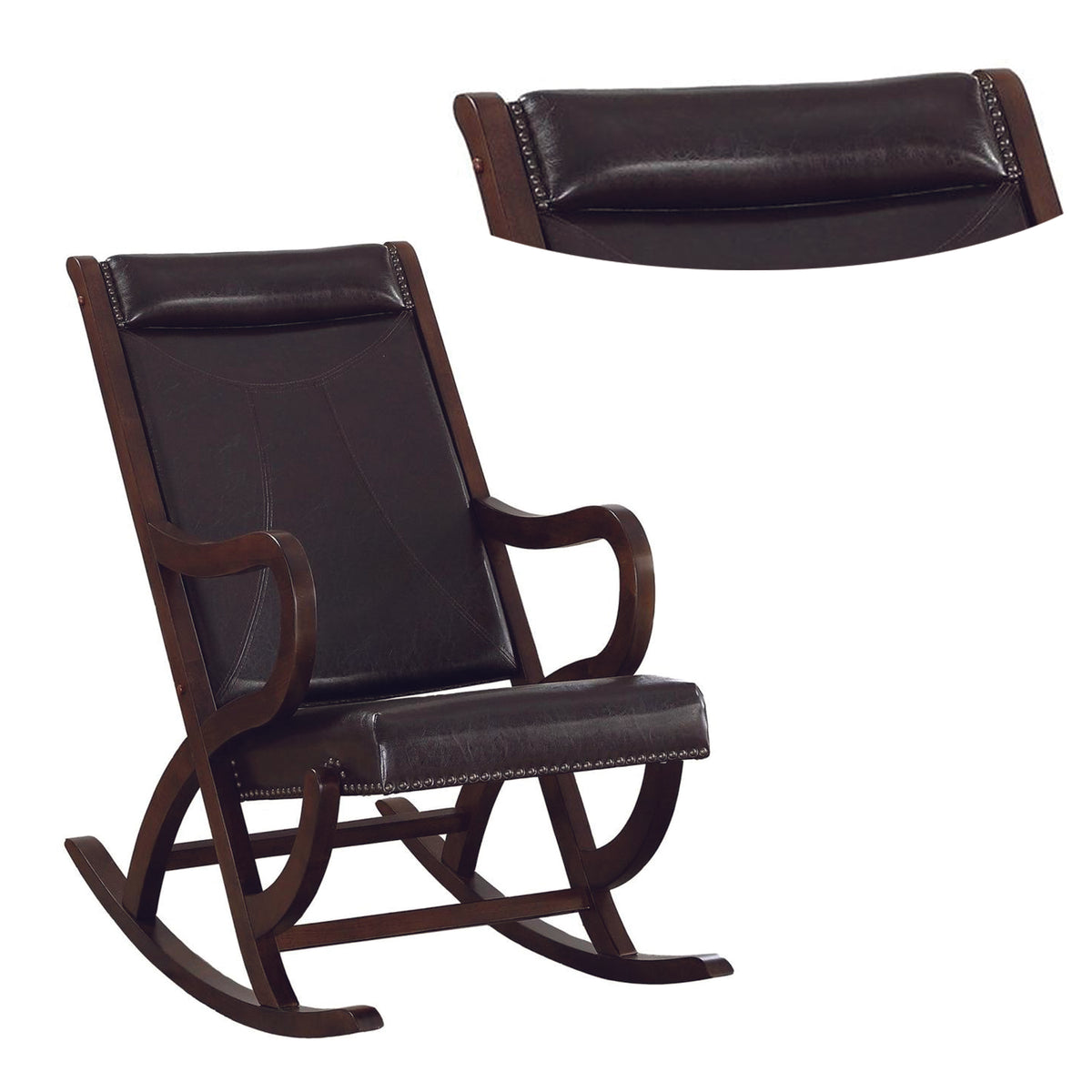 BM193886 -Faux Leather Upholstered Wooden Rocking Chair with Looped Arms, Brown
