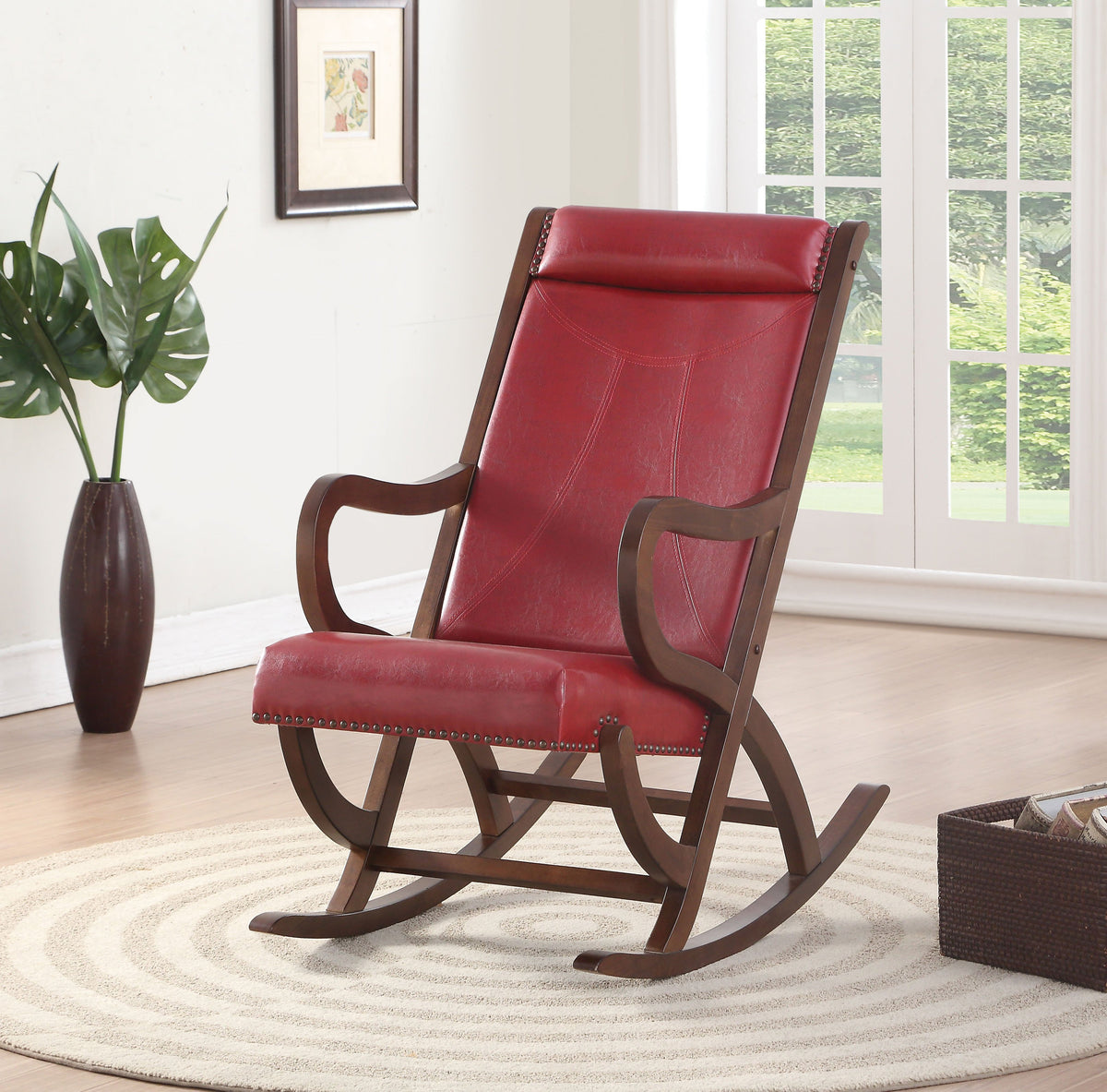 BM193887 -Faux Leather Upholstered Wooden Rocking Chair with Looped Arms, Brown and Red