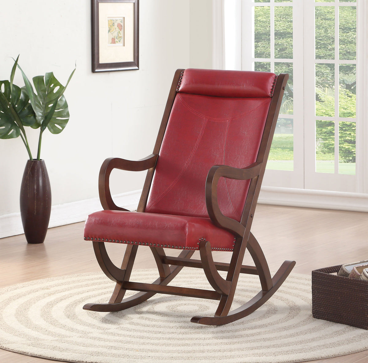 Benzara BM193887 Faux Leather Upholstered Wooden Rocking Chair