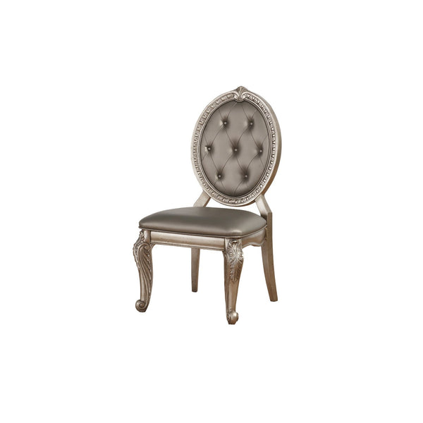BM193900 -Faux Leather Upholstered Wooden Side Chair with Carved Details, Gray and Gold, Set of Two
