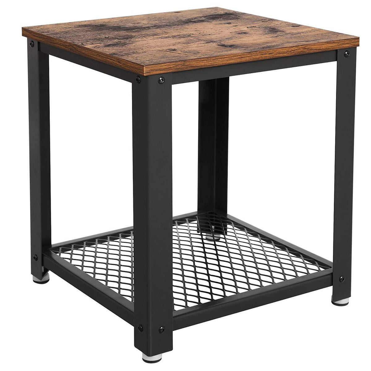 Metal Frame End Table with Wooden Top and Wide Mesh Bottom Shelf, Brown and Black - BM193916