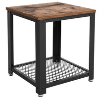 Metal Frame End Table with Wooden Top and Wide Mesh Bottom Shelf, Brown and Black - BM193916