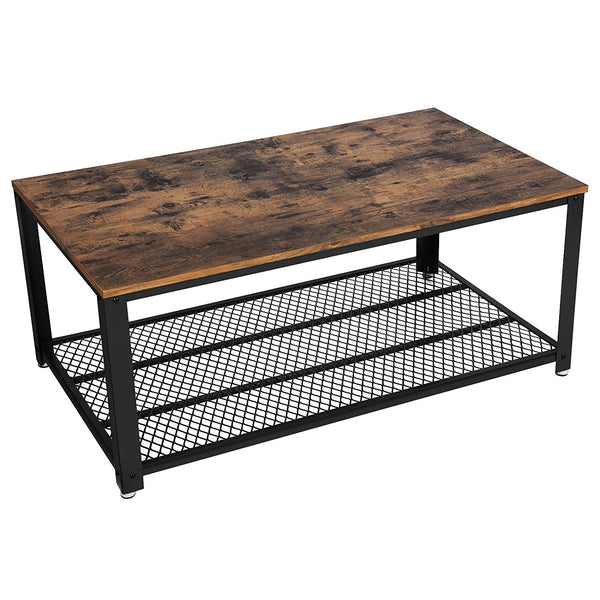 Metal Frame Coffee Table with Wooden Top and Mesh Bottom Shelf, Brown and Black - BM193917