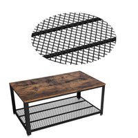 Metal Frame Coffee Table with Wooden Top and Mesh Bottom Shelf, Brown and Black - BM193917