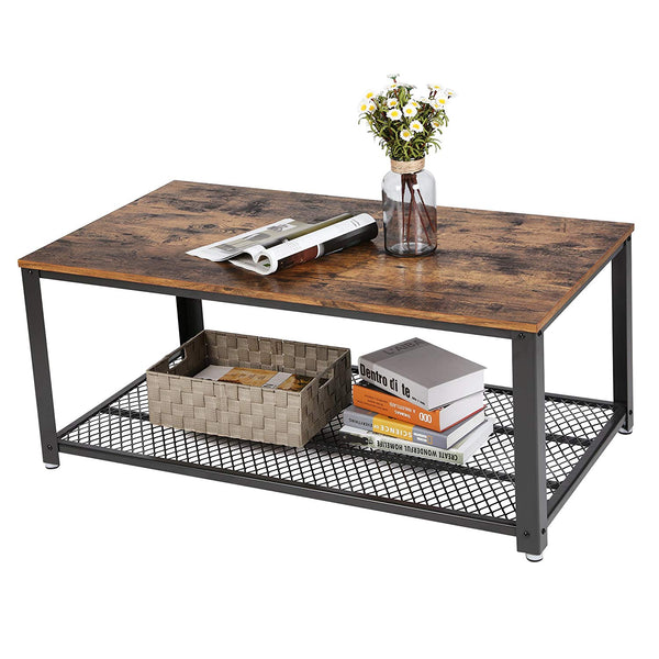 Metal Frame Coffee Table with Wooden Top and Mesh Bottom Shelf, Brown and Black - BM193917
