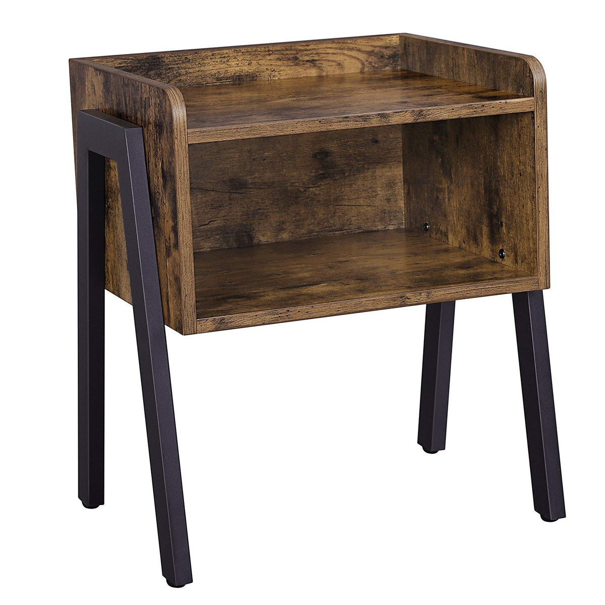 Wooden Stackable End Table with Inverted Iron Legs and Storage Compartment, Brown and Black - BM193918