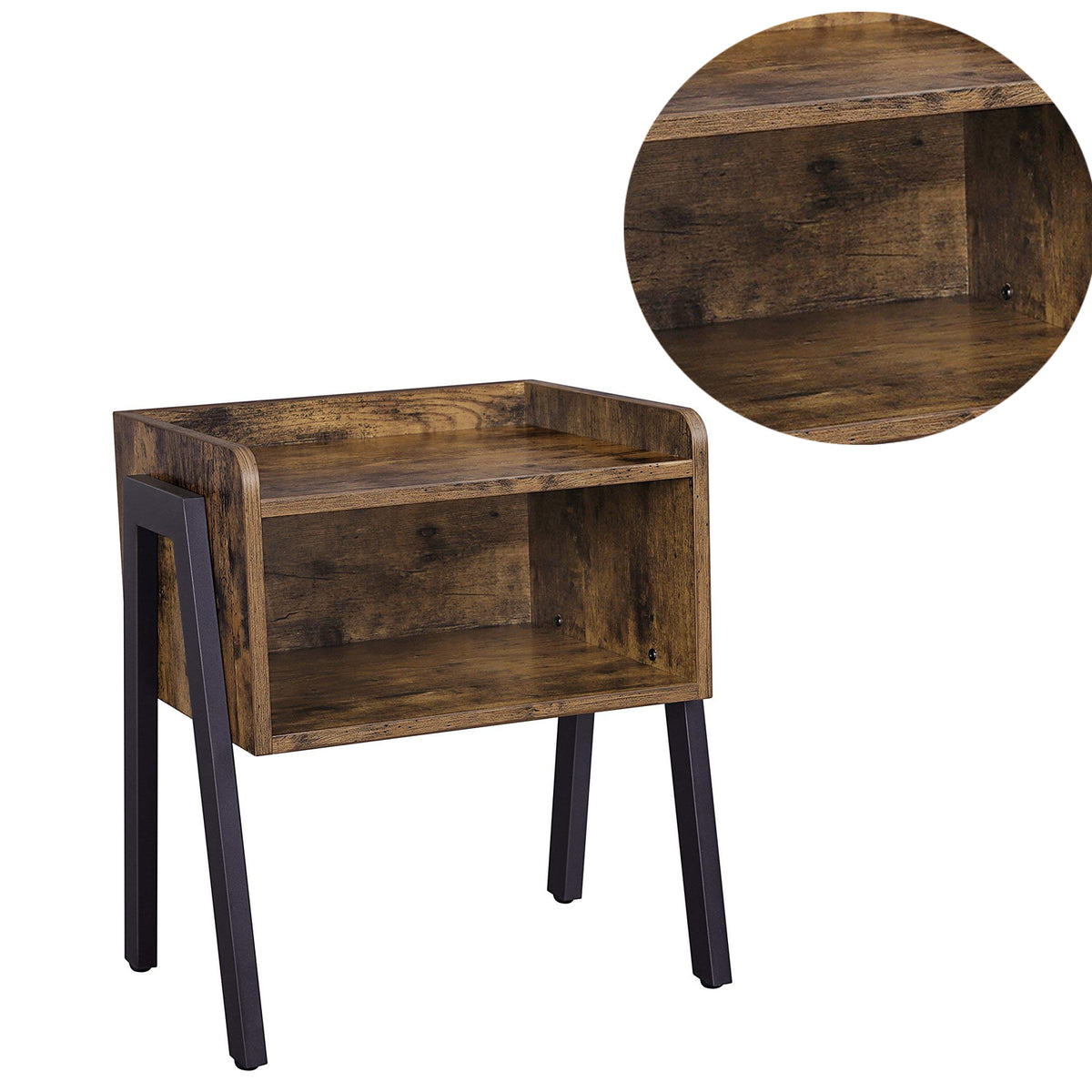 Wooden Stackable End Table with Inverted Iron Legs and Storage Compartment, Brown and Black - BM193918