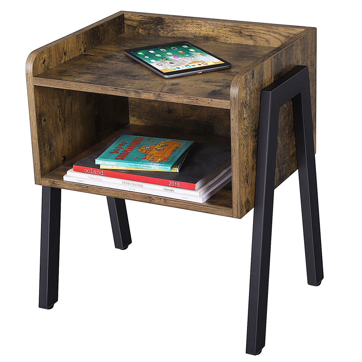 BM193918 - Wooden Stackable End Table with Inverted Iron Legs and Storage Compartment, Brown and Black