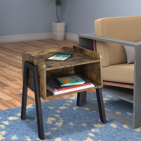 Wooden Stackable End Table with Inverted Iron Legs and Storage Compartment, Brown and Black - BM193918